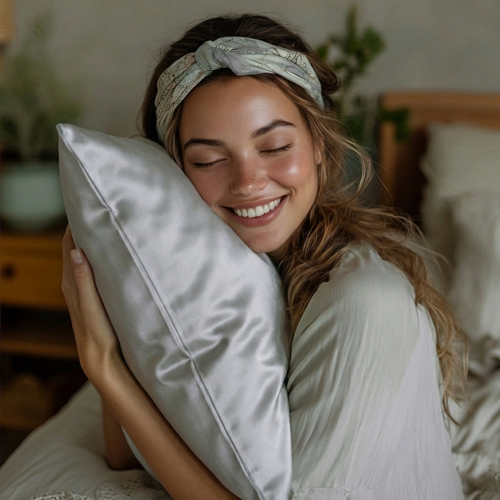 A smiling woman with a headband hugging a soft, light gray Eversilk pillowcase, looking relaxed and content in a cozy bedroom setting